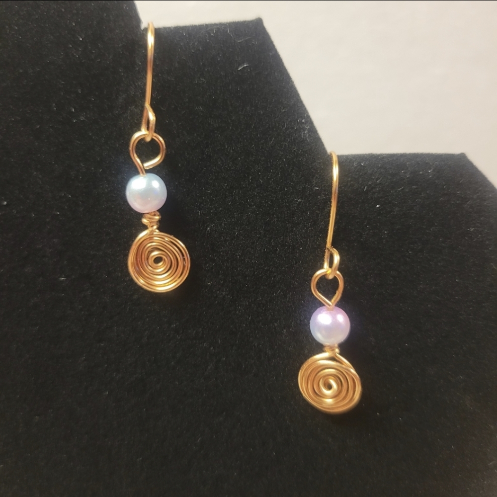 Copper Spiral Wire and Blue and Pink Gradient Faux Pearl Dangle Earrings